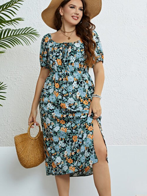 Plus Size Off-Shoulder Slit Vacation Dress