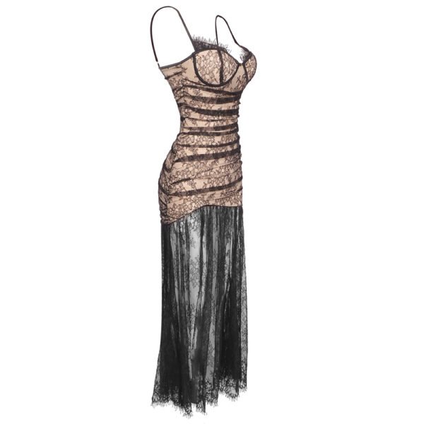 Midnight Lace Pleated Maxi Dress – Elegant Evening Gown