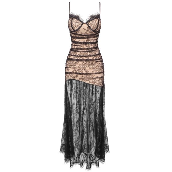 Midnight Lace Pleated Maxi Dress – Elegant Evening Gown