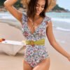 Flounced Belt One-Piece Swimsuit – Elegant & Playful