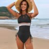 Elegant Belted One-Piece Swimsuit – Chic Color Block Design