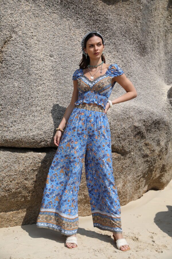 Boho Printed Puff Sleeve Crop Top & Pant Set
