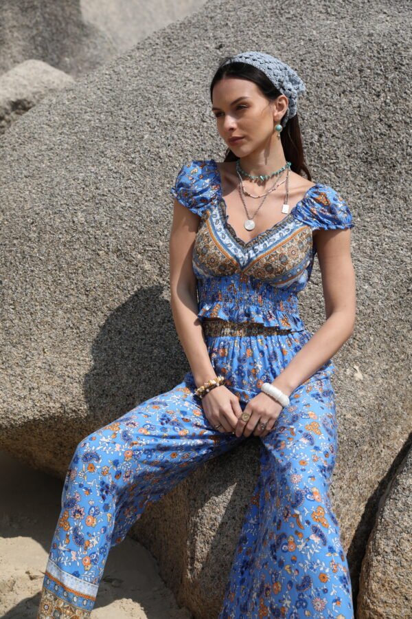 Boho Printed Puff Sleeve Crop Top & Pant Set