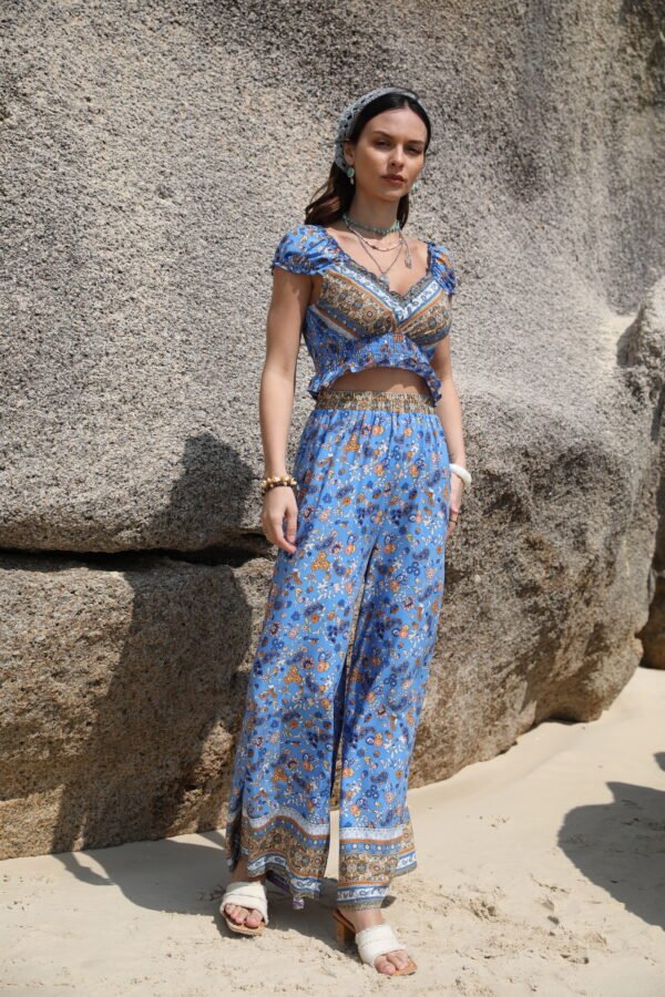 Boho Printed Puff Sleeve Crop Top & Pant Set