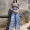 Boho Printed Puff Sleeve Crop Top & Pant Set