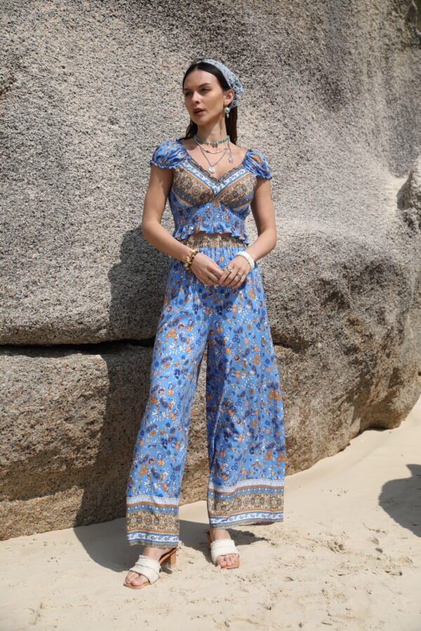 Boho Printed Puff Sleeve Crop Top & Pant Set