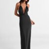 Low Cut Pleated Metal Ring Maxi Dress