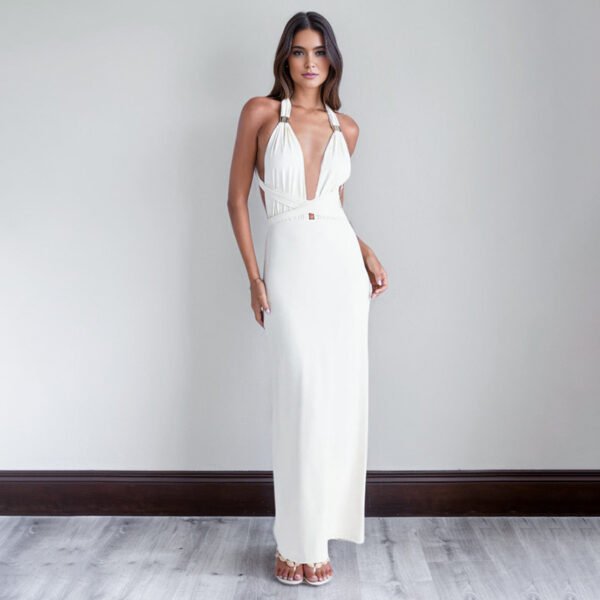 Low Cut Pleated Metal Ring Maxi Dress