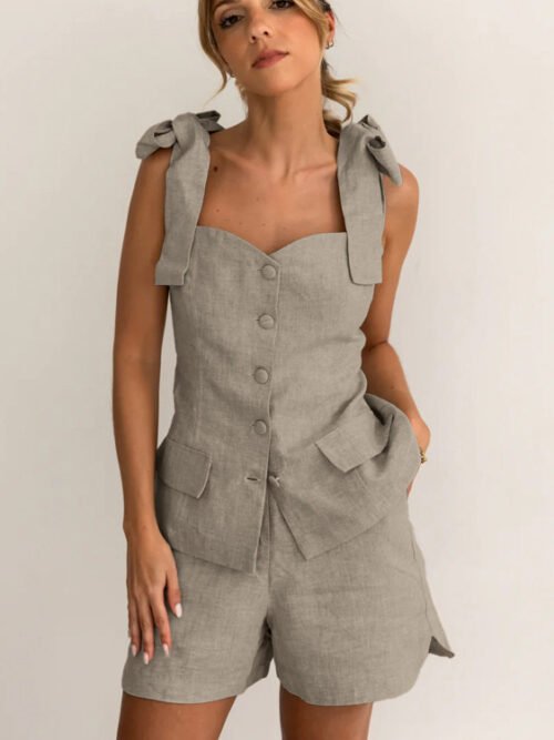 Cotton Bow Vest & Shorts Set