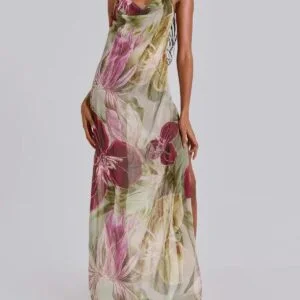 Retro Leaf Print Halter Maxi Dress