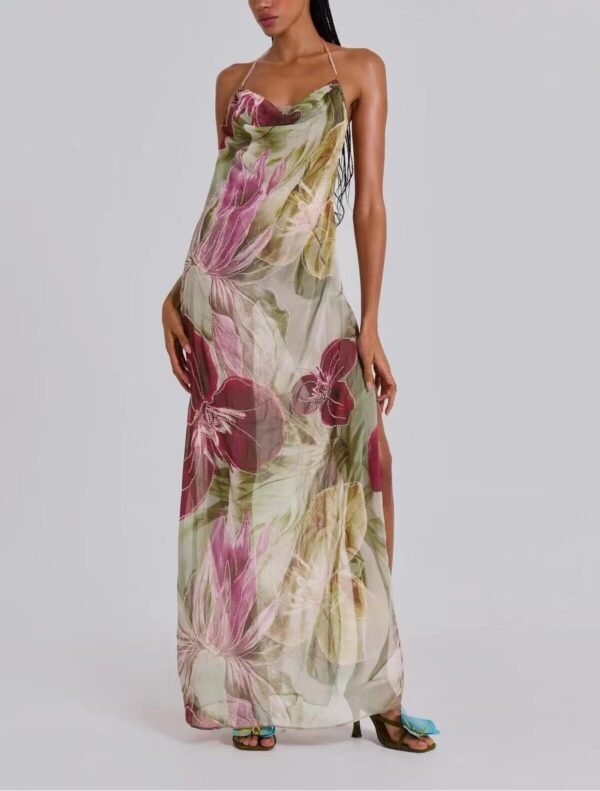 Retro Leaf Print Halter Maxi Dress