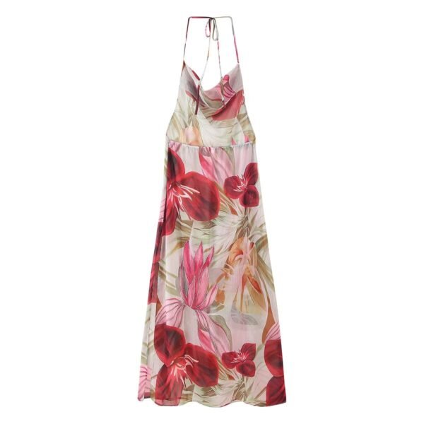 Retro Leaf Print Halter Maxi Dress