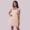 Lace-Up Shoulder Pleated Mesh Mini Dress