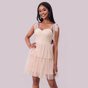 Lace-Up Shoulder Pleated Mesh Mini Dress