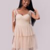 Lace-Up Shoulder Pleated Mesh Mini Dress