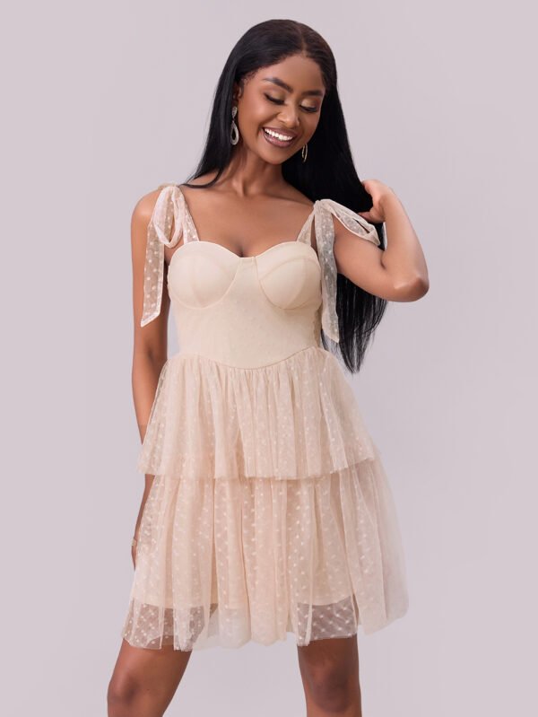 Lace-Up Shoulder Pleated Mesh Mini Dress