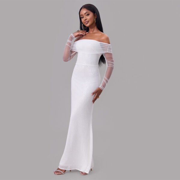 Off-Shoulder Sequin Mesh Maxi Dress