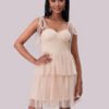 Lace-Up Shoulder Pleated Mesh Mini Dress