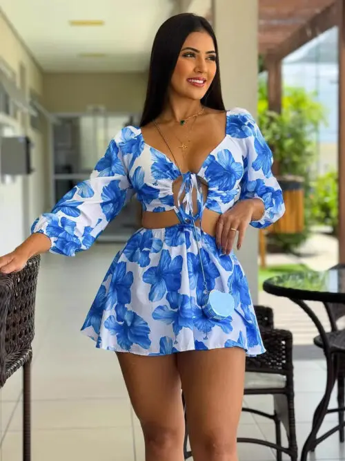 Drawstring Floral Cutout Vacation Dress