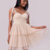 Lace-Up Shoulder Pleated Mesh Mini Dress