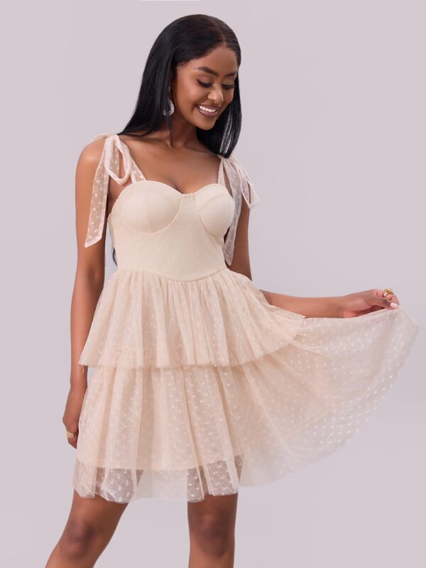 Lace-Up Shoulder Pleated Mesh Mini Dress