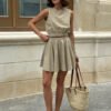 Cotton Linen Round Neck Vest & Pleated Skirt Set