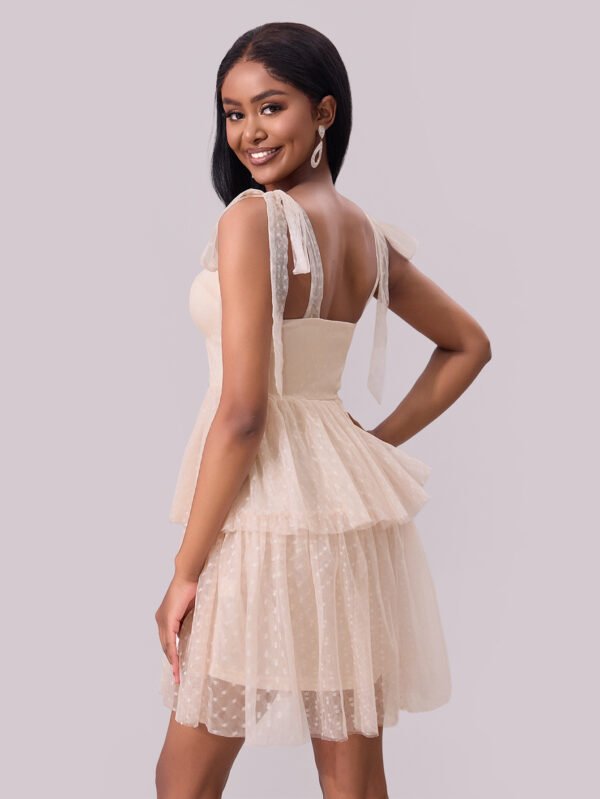 Lace-Up Shoulder Pleated Mesh Mini Dress