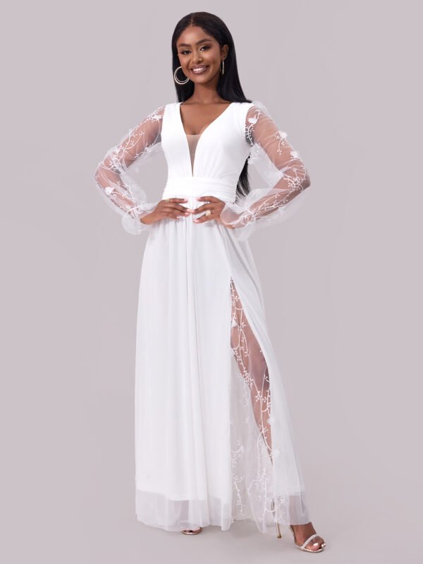 Deep V Embroidered Lace Panel Wedding Maxi Dress