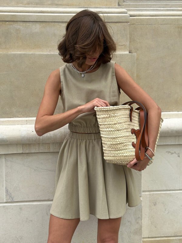 Cotton Linen Round Neck Vest & Pleated Skirt Set