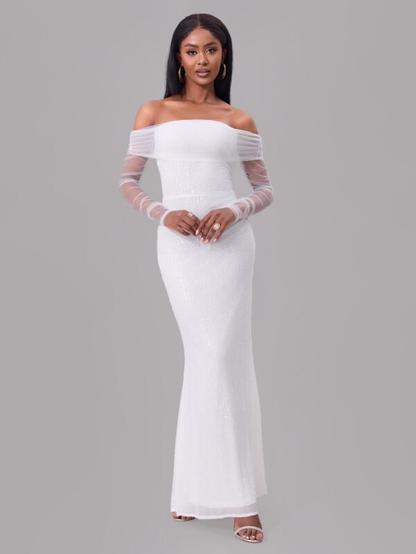 Off-Shoulder Sequin Mesh Maxi Dress