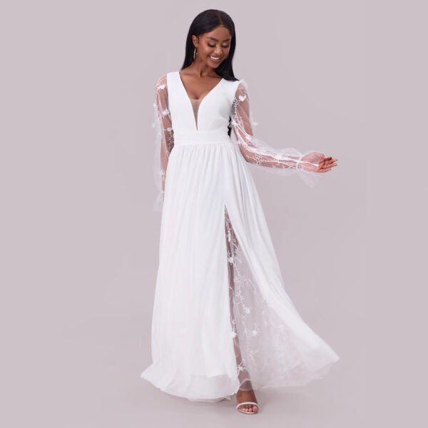 Deep V Embroidered Lace Panel Wedding Maxi Dress