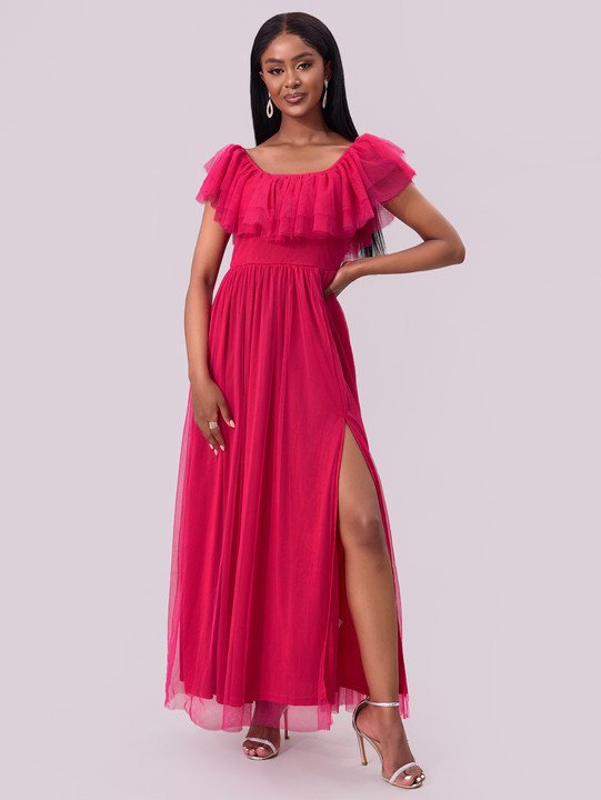 Off-Shoulder Chiffon Maxi Dress with Ruffle Hem