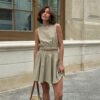 Cotton Linen Round Neck Vest & Pleated Skirt Set