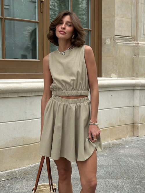 Cotton Linen Round Neck Vest & Pleated Skirt Set