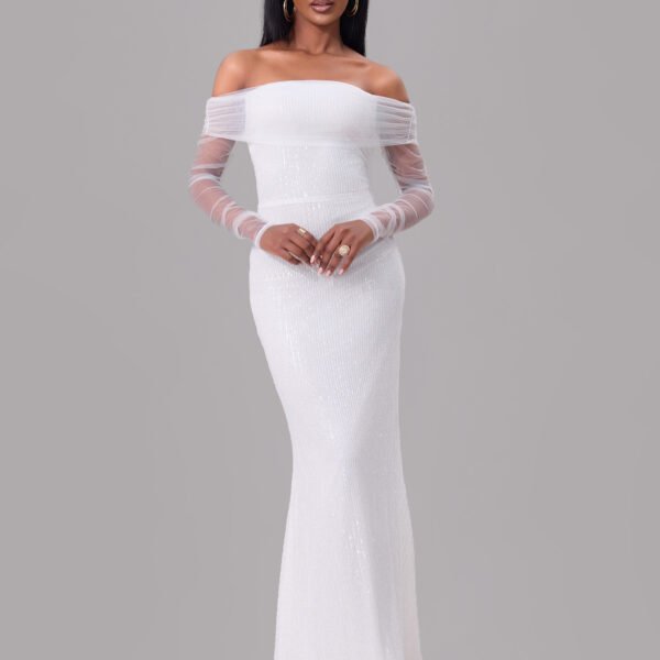 Off-Shoulder Sequin Mesh Maxi Dress