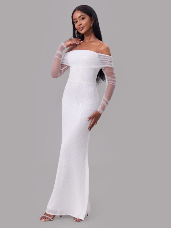 Off-Shoulder Sequin Mesh Maxi Dress