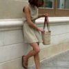 Cotton Linen Round Neck Vest & Pleated Skirt Set
