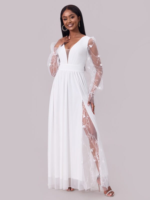 Deep V Embroidered Lace Panel Wedding Maxi Dress
