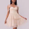 Lace-Up Shoulder Pleated Mesh Mini Dress