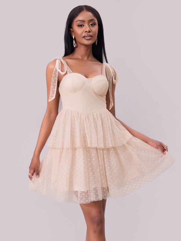 Lace-Up Shoulder Pleated Mesh Mini Dress